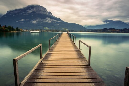 Pier on tranquil lake with stunning mountain view. Generative AI © Ronald