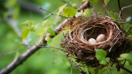 bird nest with eggs covered by green leaves on one branch, 16:9