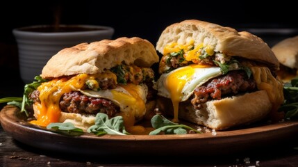 cheesy sausage breakfast sandwiches, made at home, food photography, 16:9 - obrazy, fototapety, plakaty