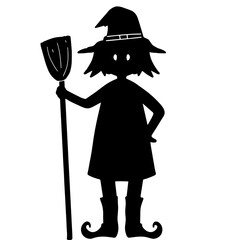 Vector illustration, traditional Halloween decorative element. Silhouette of a witch with her flying broomstick Halloween - for design decoration