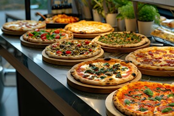 A Pizza Buffet with A Various Types of Freshly Baked Pizzas Ready To Be Served