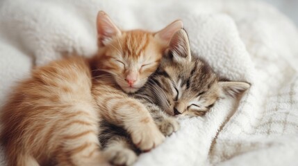 Lovely cat couple sleep together hug on white fluffy bed. Valentine's Day celebration concept.