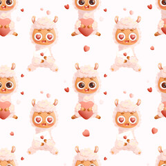 Seamless pattern with enamored Llama alpaca on white background with hearts ang love letter. Romantic valentine backdrop in cartoon style. Vector illustration