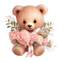 Watercolor Teddy Bear holding buquet of pink flowers
