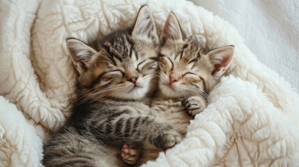 Lovely cat couple sleep together hug on white fluffy bed. Valentine's Day celebration concept. - obrazy, fototapety, plakaty
