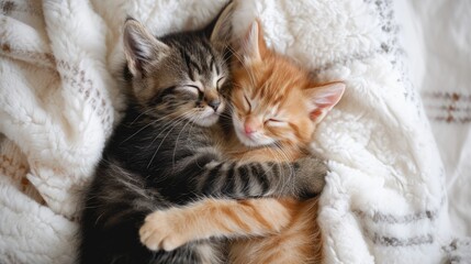 Lovely cat couple sleep together hug on white fluffy bed. Valentine's Day celebration concept. - Powered by Adobe
