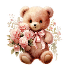 Watercolor Teddy Bear holding buquet of pink flowers