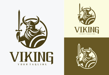 viking with sword and shield logo design vector illustration - obrazy, fototapety, plakaty