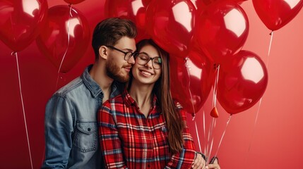 Lovely young couple with heart-shaped balloons on color background. Valentine's Day celebration...