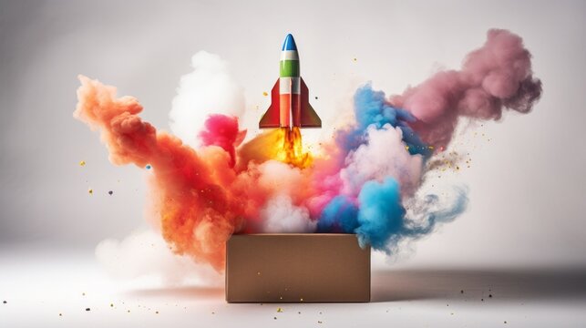 rocket taking off from a cardboard box with colorful smoke, start up illustration, copy space, 16:9