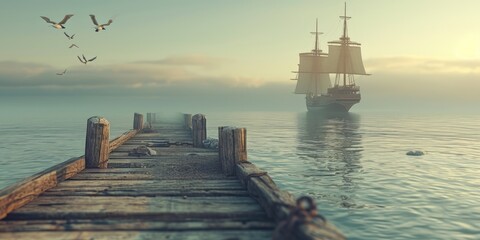Seaside Serenity: Pier Overlooking the Sea with Ships in the Background
