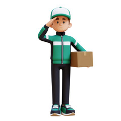 3D Delivery Man Character Salute Pose with Parcel Box