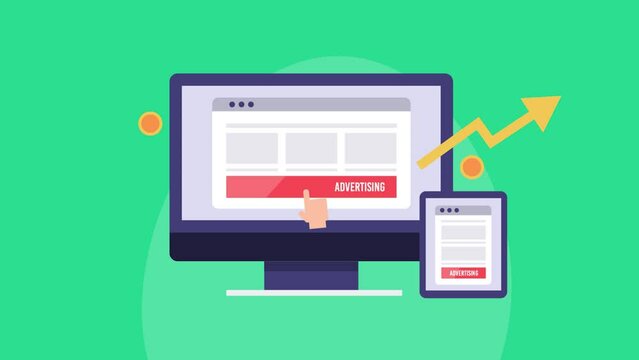 Digital advertising banner displays on desktop and smart device screen, increase impression, click rate and conversion, paid media marketing e-business solution, animated video clip.