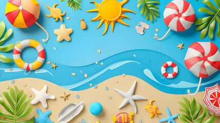 Fototapeta na wymiar a playful summer vacation banner with cheerful elements like sun, sand, and beach toys