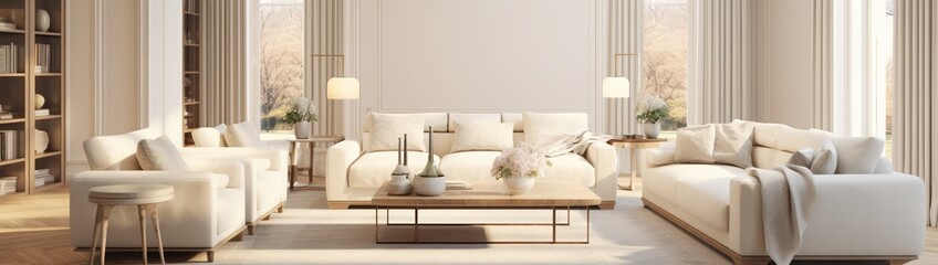 Fototapeta na wymiar Luxury living room design, bright beige interior apartment, panorama, 3d render, 3d illustration