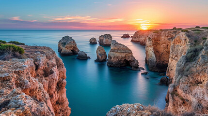 プライア・ド・バジェ・デ・センタネス、ポルトガル南部のアルガルヴェの夕暮れ時の地中海に面した美しい海岸GenerativeAI