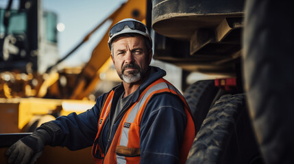 the industry worker's portrait, a man with dual roles as a driver and builder, showcasing his expertise while operating a crane or excavator at the construction site