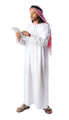 Arab man using digital tablet wearing traditional clothes isolated on white