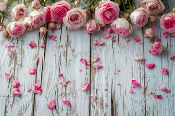 Valentine's Elegance: Pink Roses with Petals on White Wooden Board, Romantic Floral Arrangement, Love in Bloom, Heartfelt Atmosphere
