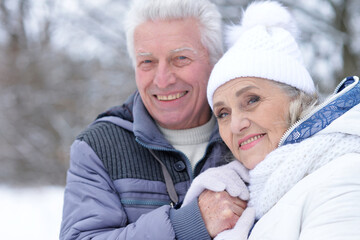 Happy senior couple walking in winter outdoors