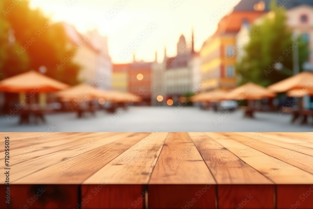 Aufkleber the empty wooden table top with blur background of town square. exuberant image. generative ai