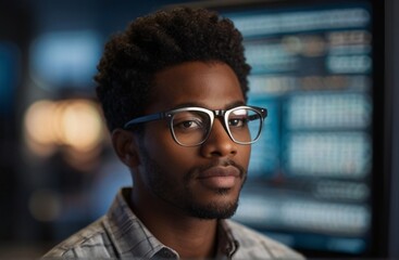 Obraz premium Close Up Portrait of Black Man Working on Computer, Lines of Code Language Reflecting on his Glasses from Generative AI