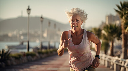 Senior citizen women doing fitness and being positive in life - obrazy, fototapety, plakaty
