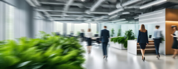 Bright business workplace with people in walking in blurred motion in modern office space. of green plants of deep forest style.