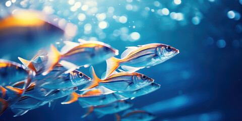 A dynamic underwater view of a school of tropical fish elegantly swimming in the shimmering blue ocean waters.