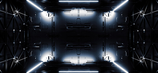 Sci Fi Dark Futuristic Sci Fi Metal Panels Alien Spaceship Studio Showroom Garage Hangar Room Corridor Cyber Studio Lights 3D Rendering © IM_VISUALS