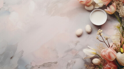 Elegant spring floral arrangement with tulips and space for text on a soft, textured background.