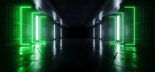 Sci Fi Futuristic Big Hallway Modern Tunnel Corridor Garage Technology Neon Laser Vibrant Green Blue Lights Cement Floor 3D Rendering © IM_VISUALS