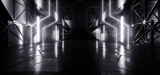 Sci Fi Futuristic Sci Fi Metal Panels Alien Spaceship Underground Garage Hangar Room Corridor Cyber White Neon Laser Lights 3D Rendering © IM_VISUALS