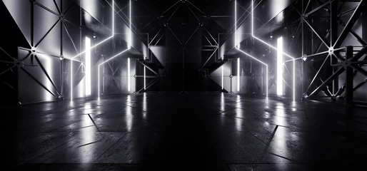 Sci Fi Futuristic Sci Fi Metal Panels Alien Spaceship Underground Garage Hangar Room Corridor Cyber White Neon Laser Lights 3D Rendering © IM_VISUALS