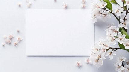 Obraz na płótnie Canvas A fresh spring theme featuring a blank card surrounded by white cherry blossoms on a clean, white background.