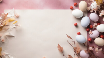 Artistic Easter eggs scattered alongside delicate pink blossoms on a dual-toned pastel background, perfect for the holiday season.