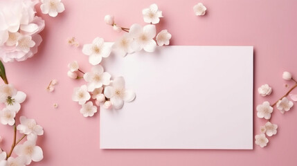 A gentle spring card mockup surrounded by white cherry blossoms and pastel pink eggs on a soft pink surface.