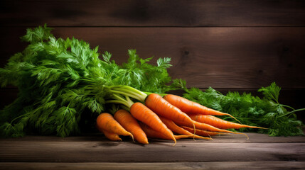 A bunch of vibrant orange carrots with fresh green tops arranged on a rustic wooden background.