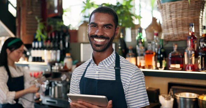 Tablet, black man and bartender happy for restaurant sales, alcohol service or diner job experience. Portrait, confident smile and African barman with pride in drinks trade, supply chain or startup