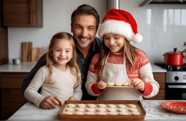 Happy Family During Christmas Portrait of Little Cute Girl Learning How to Make Cookies and Celebrating her Achievement with her Parents from Generative AI
