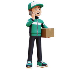 3D Delivery Man Character in a Phone Call with Parcel Box