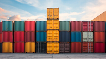 Fototapeta premium Stack of Containers Cargo Ship Import/Export in Harbor Port, Cargo Freight Shipping of Container Logistics Industry. Nautical Transport Distribution Yard, Business Commercial Dock and Transportation, 