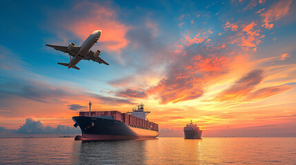 Airplane flying through Container ship sail on the sea - obrazy, fototapety, plakaty