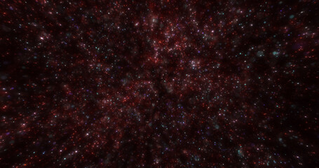 Abstract red background of small round bokeh particles, beautiful holiday snowflakes, magical snow, energetic bright glowing cosmic stars