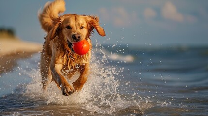 A golden retriever with a red ball in its mouth at beach.