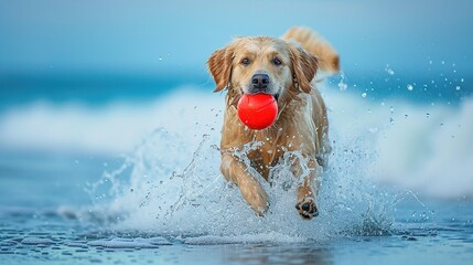 A golden retriever with a red ball in its mouth at beach.