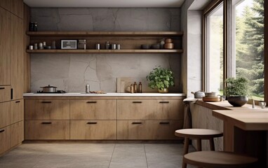Modern kitchen with wooden cupboards and stone countertop under the window. generative ai - obrazy, fototapety, plakaty