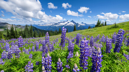 ベイカー山で最初の開花シーズンに咲くルピナスやその他の山の花を見にハイキングGenerativeAI