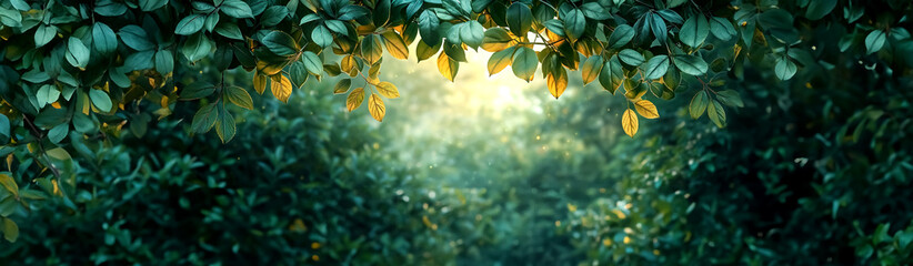 Tranquil forest scene with sunlight filtering through lush green leaves, highlighting delicate yellow flowers