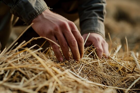 A man is looking for a needle in a haystack.